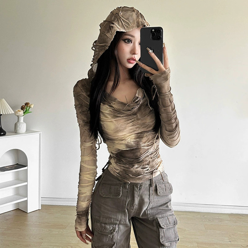 Zara Fengchunji Wasteland Slim Fit Hooded Gradient Pleated Top